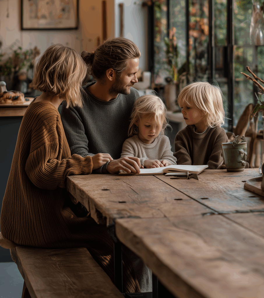 Gezin stelt samen gezinswaarden op, met vrolijke illustraties en inspirerende kernwoorden die verbinding, rust en richting uitstralen.