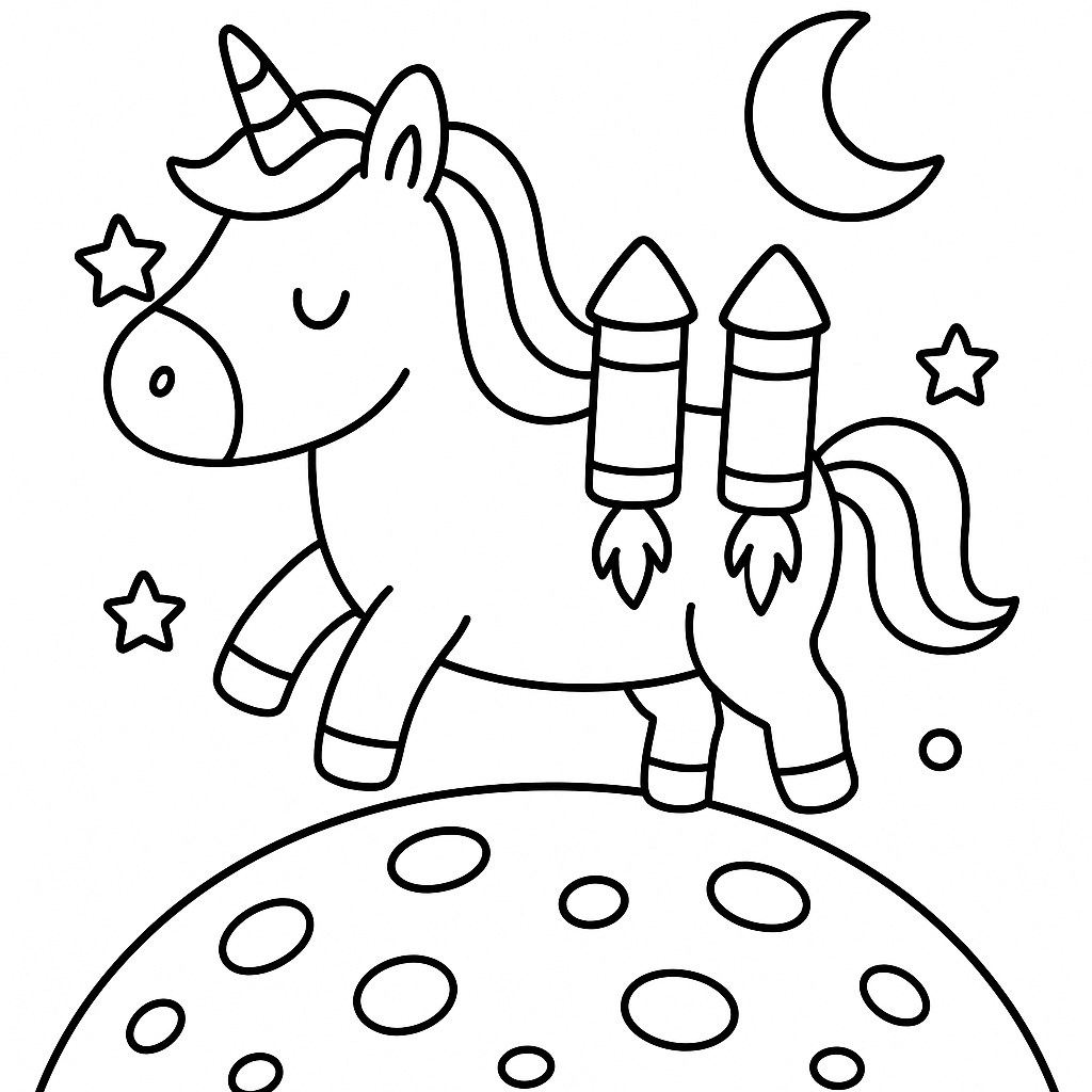 Kleuplaat eenhoorn met rakketen boven een planeet